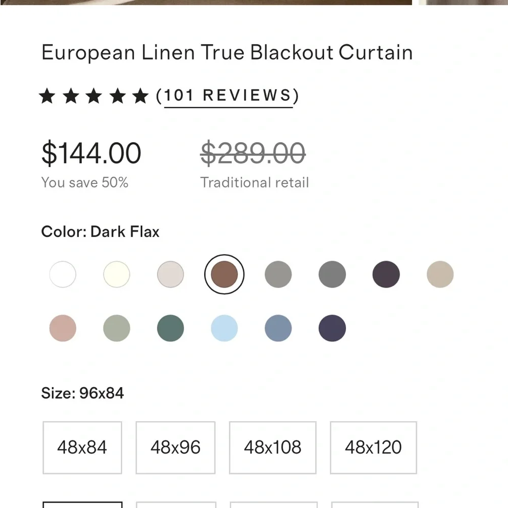 Quince European Linen Blackout Curtain Panel Dark Flax Size 96”x84”‎ NWT